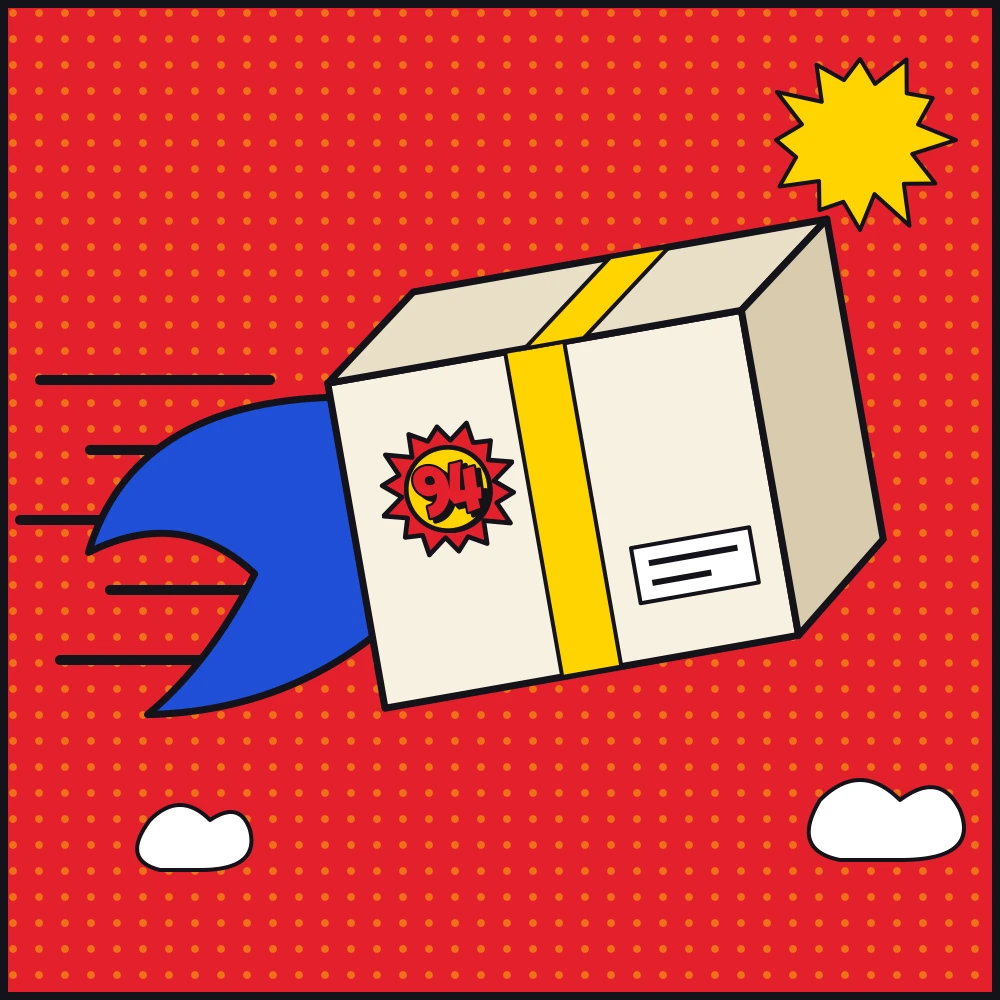 The OFFICINA 94 box flying with a cape, ready to ship